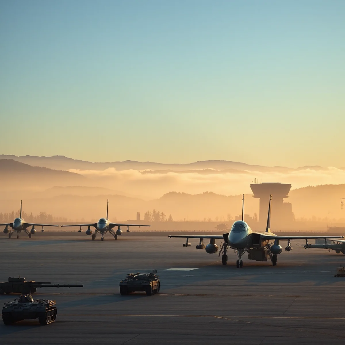 Morning scene at a modern military base, featuring highly advanced fighter jets and radar installations with missile launchers in the background, while fog wraps around the mountain ridges.