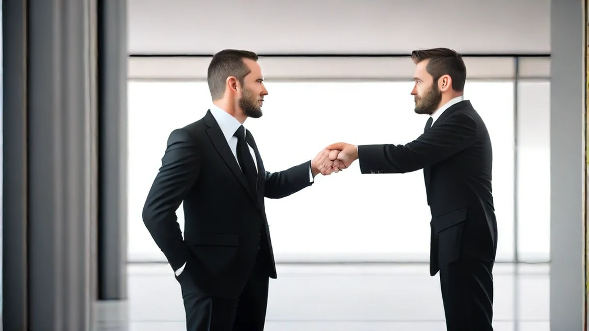Two men shake hands in a formal diplomatic setting.