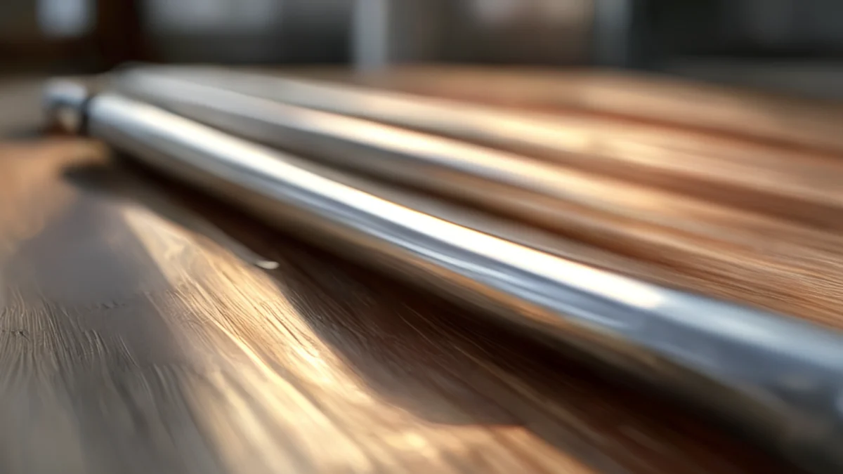 Tubo inoxidable, superficie pulida, gris claro, sobre una mesa de madera, luz cálida, profundidad de campo suave, fotorealista, detalles altos