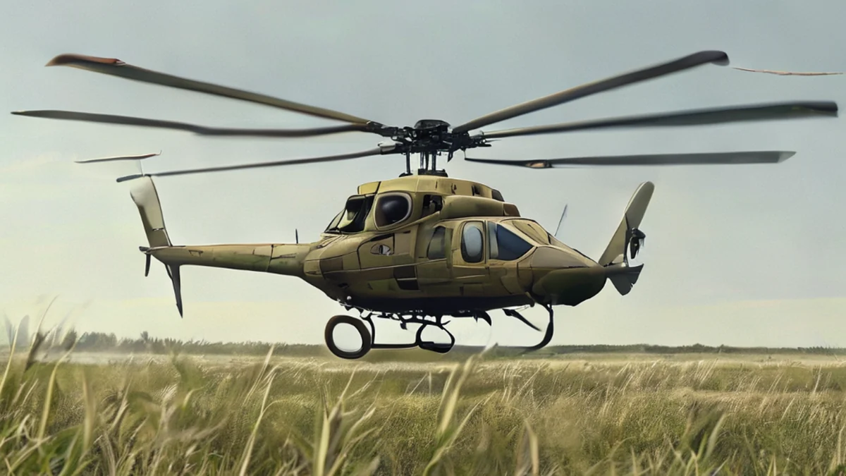 Un hélicoptère militaire plane à basse altitude au-dessus du terrain.
