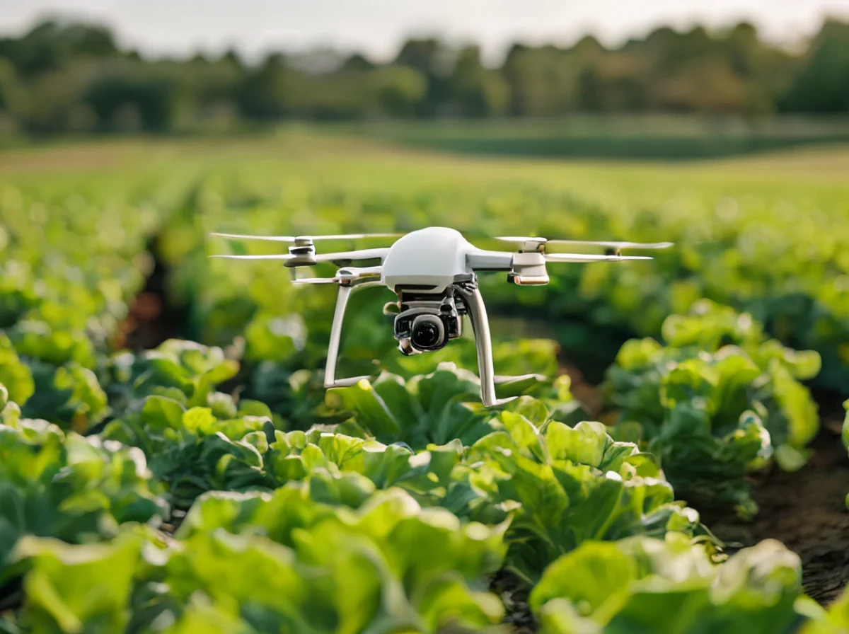Een quadcopter drone vliegt laag over rijen groene bladplanten in een veld