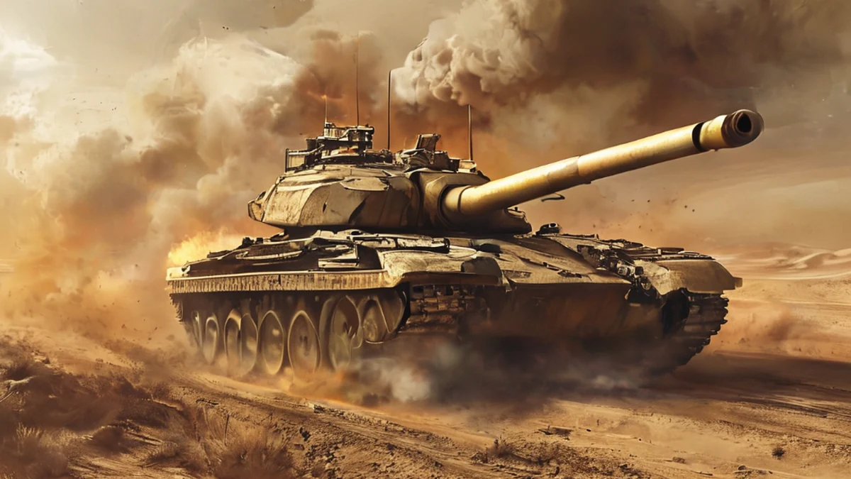Een militair tank schiet zijn hoofdkanon af op een trainingsveld.