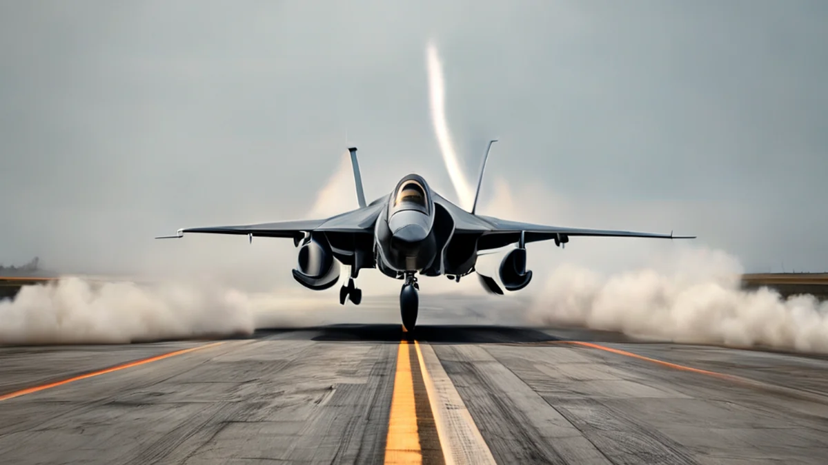 Um avião de combate despega de uma pista, com as rodas levantando-se do solo.
