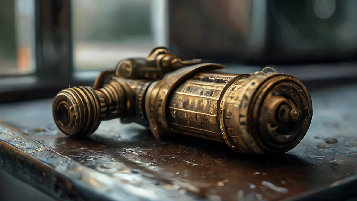 Trigger Mechanism, brass, intricate, worn, resting on a metal table, soft window light, shallow depth of field, photorealistic, sharp focus, high detail