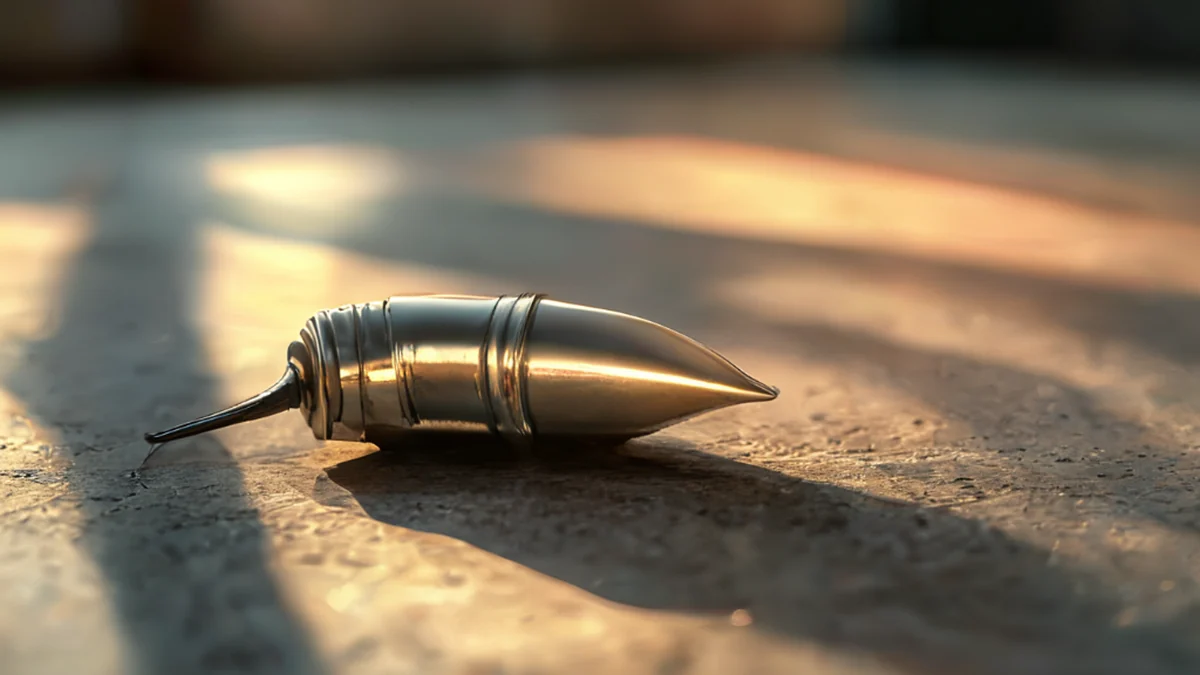 Un petit pinceau en métal à forme de grenade, avec un cercle rouge et un croisillon blanc.