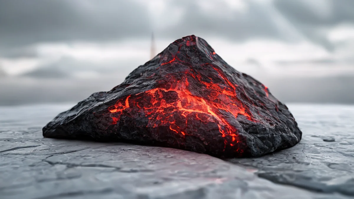 Un wedge de lave avec un spire, rouge foncé et brillant, reposant sur une surface de pierre blanche sous un ciel gris, champ de profondeur faible, photoréaliste, détails élevés