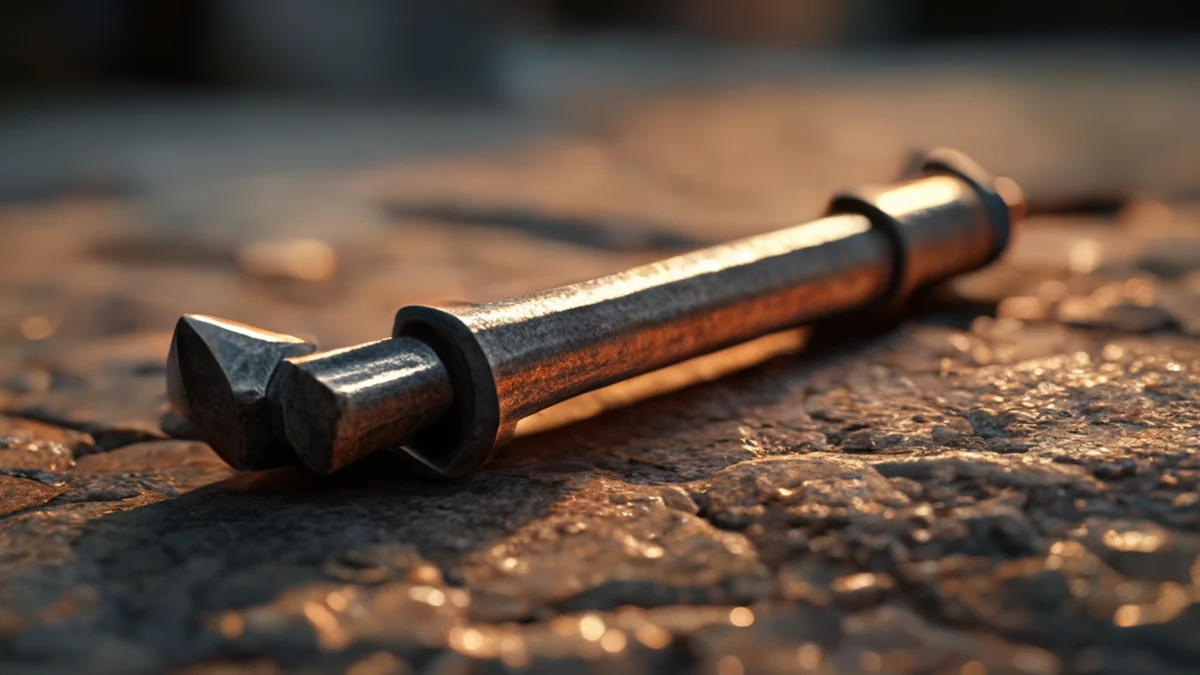 Een ijzeren naaie, scherp en hoekig, rust op een steenoppervlak onder warme zijkant, zacht focus, fotorealistisch, scherp focus, hoge details