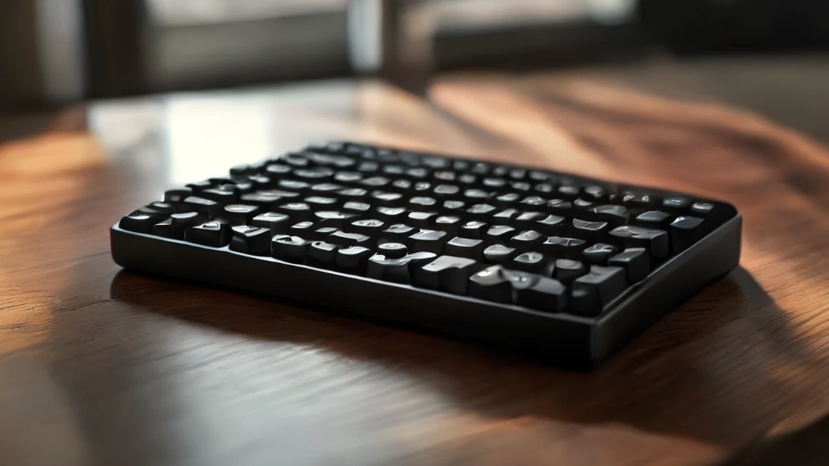 Teclado de jogo, plástico preto, rectangular, brilhante, sobre uma mesa de madeira, luz suave, profundidade de campo suave, realista, detalhes altos